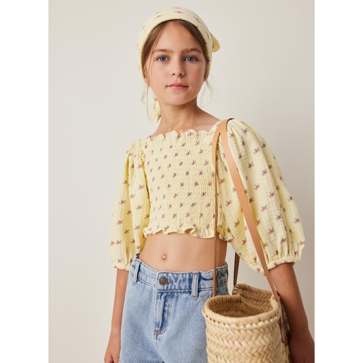 Flower Print Honeycomb Balloon Sleeve Blouse