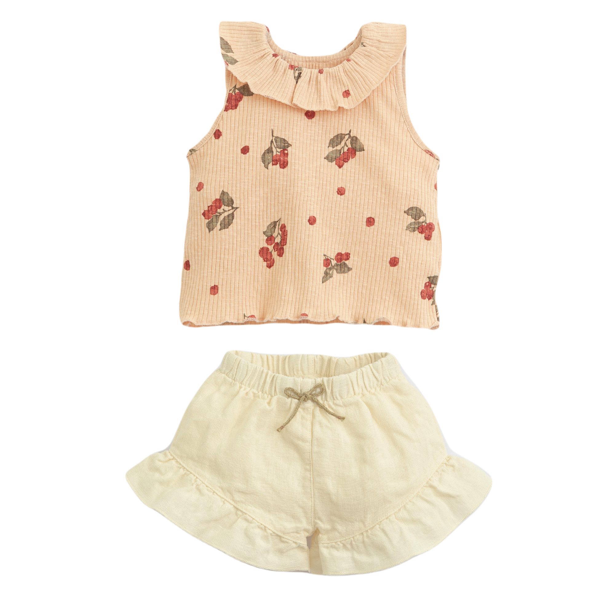 T-Shirt W/ Ribbing & Linen Shorts W/ Frill