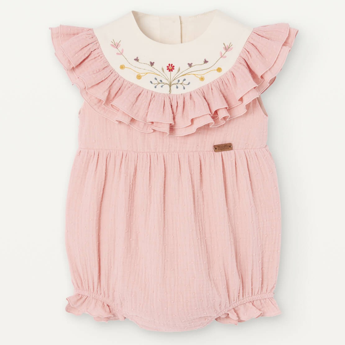 Pink Romper Suit W/ Embroidered Yoke & Frills