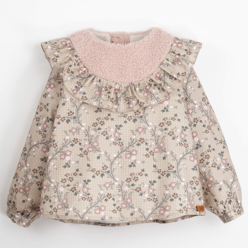 Fleece High Waisted Culotte & Rounded Yolk Blouse | Floral/Pink
