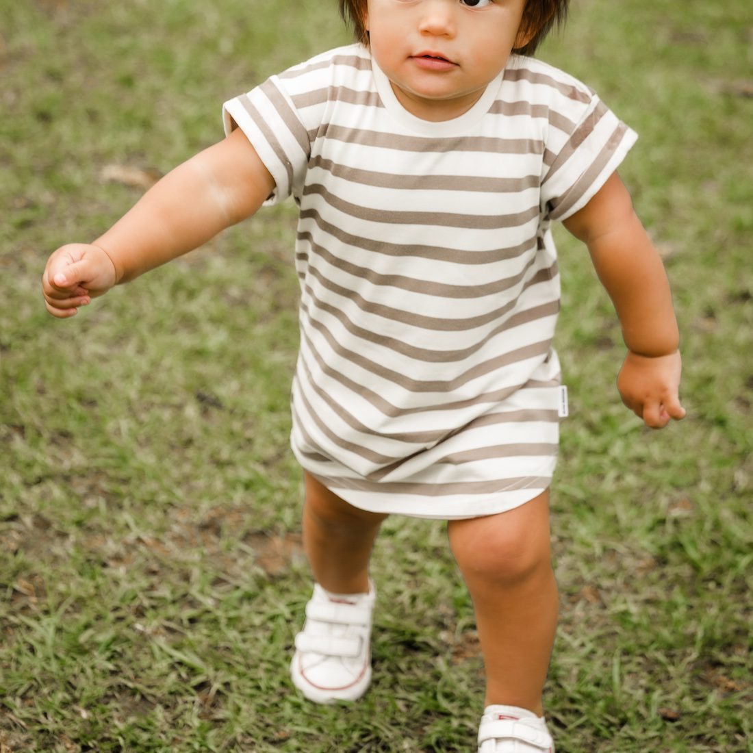 Taupe + White Stripe Tee Dress