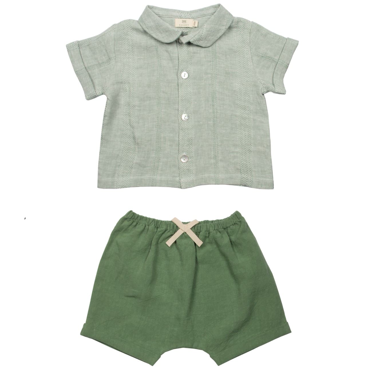 Baby Textured Green Linen Shirt & Loden Frost Shorts