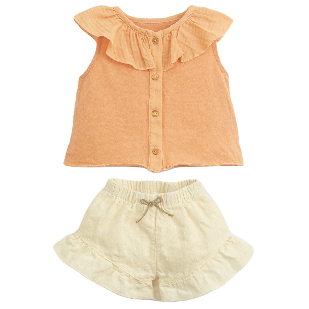 Top W/ Button Opening & Linen Shorts W/ Frill