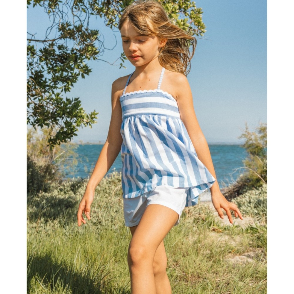 Striped Oxford Top & Plain Twill Shorts | Medium Blue/White