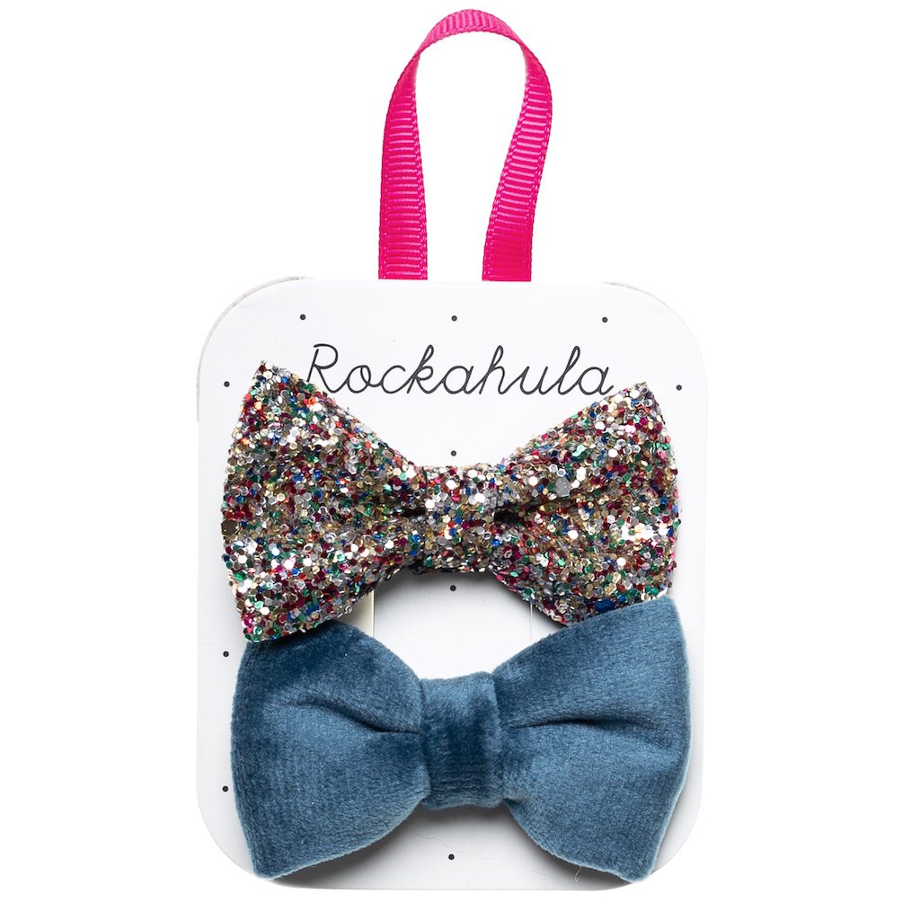 Velvet And Glitter Bow Clips | Blue