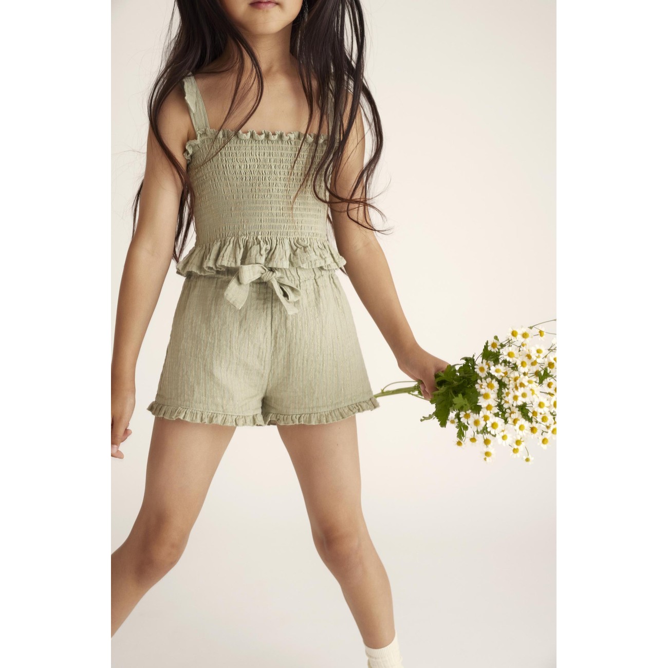 Onak Lurex Top & Zoek Lurex Shorts | Green Stripe Gauze
