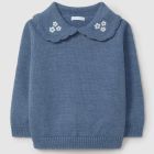 Knitted Jumper Embroidered Flower Collar Indigo