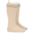Knee High Socks W/ Velvet Ruffle Cuff | Linen 304