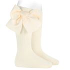 Warm Cotton Knee Socks W/ Large Grosgrain Bow | Beige 303