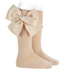 Warm Cotton Knee Socks W/ Large Grosgrain Bow | Linen 304