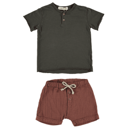 Grey Henley T-Shirt & Terracota Crepe Shorts