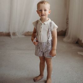 Knitted Romper Suit with Shirt Collar & Dungarees with Removable Straps | Gingham