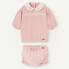 Blouse W/ Embroidered Neckline & Pink Plumeti Culotte