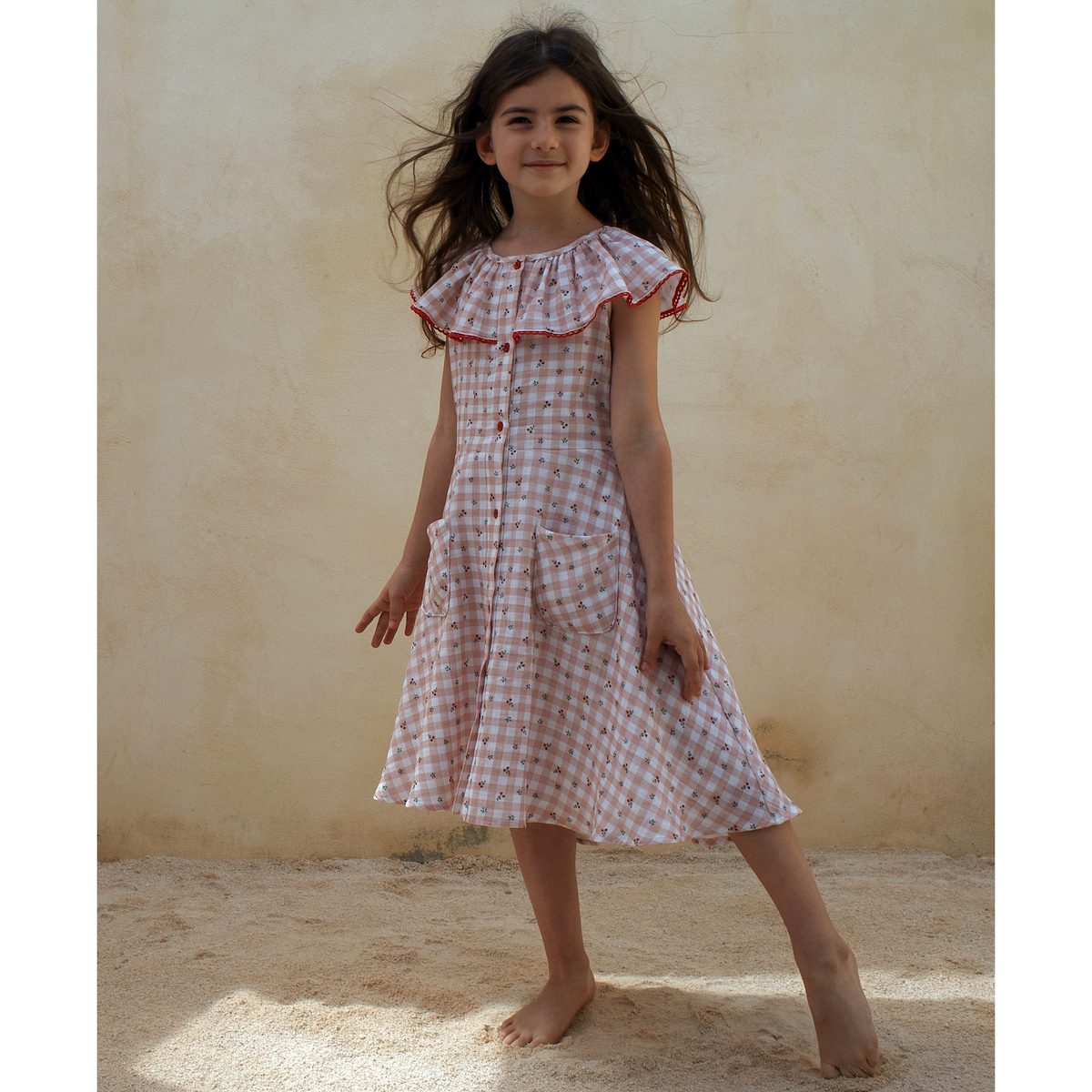 Gingham & Flower Dress W/ Frilled Colar