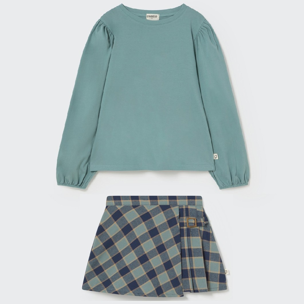 Puffed Long Sleeve Top & Check Flannel Skirt Arctic Blue