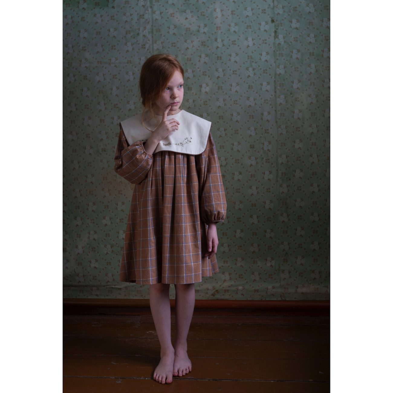 Terracotta Plaid  Dress in W/ Embroidered Yoke