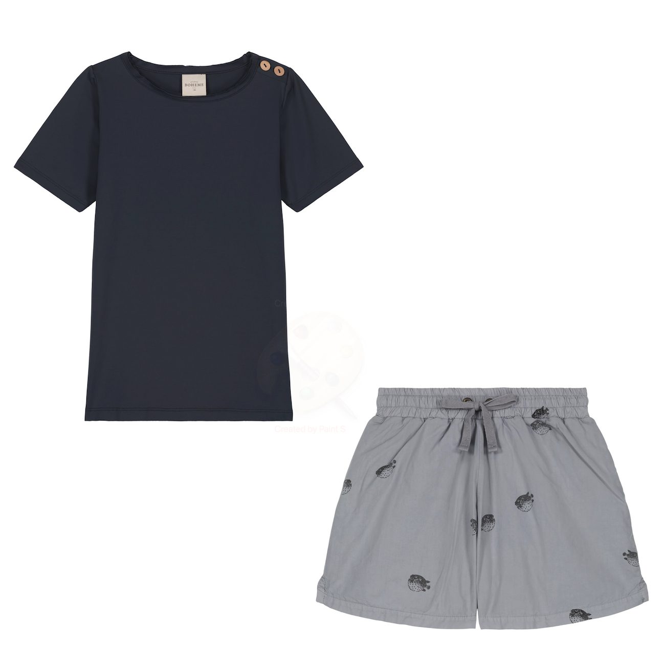Anti UV T-Shirt & Swimming Shorts | Grey Blue Puffer Fish