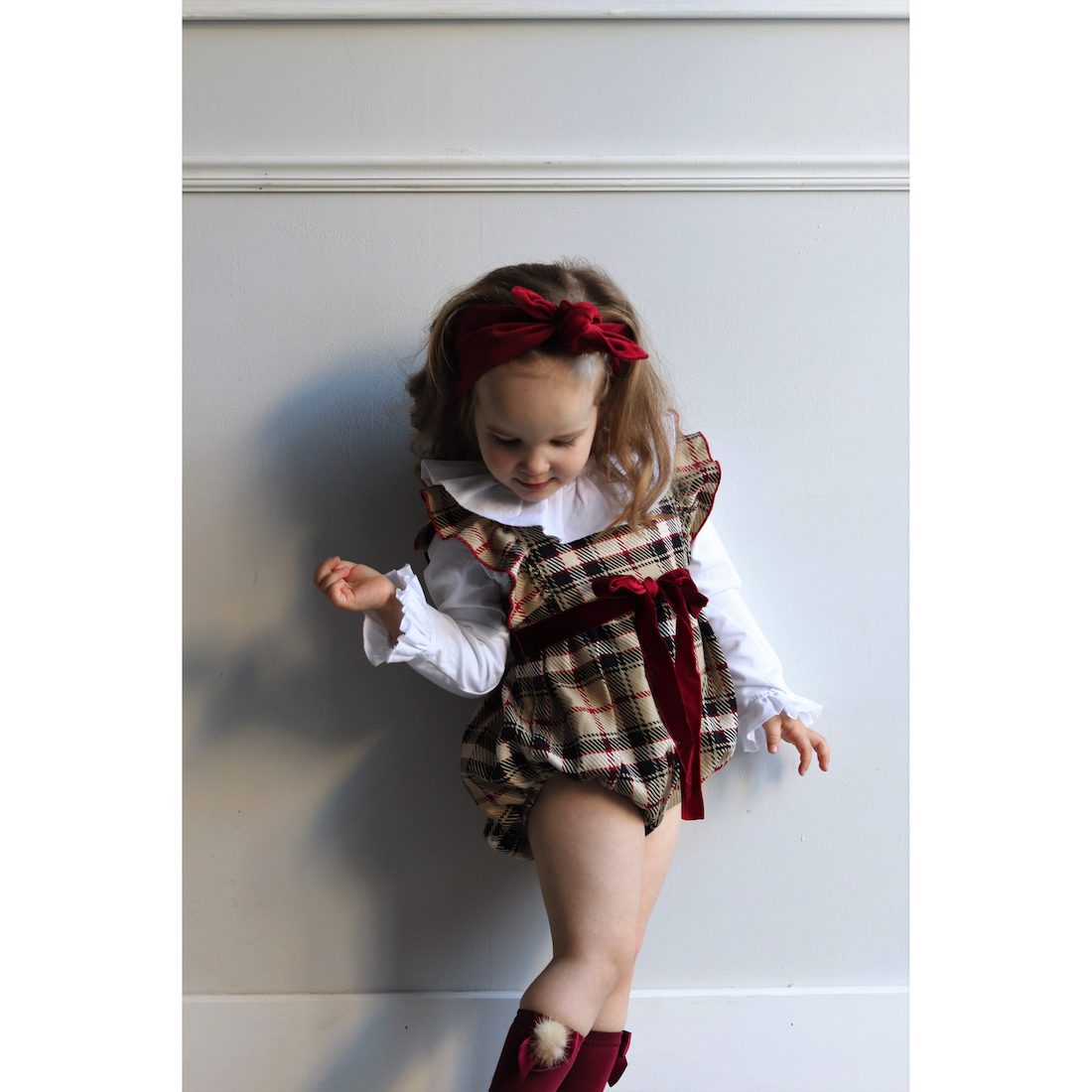 Beige & Bordeaux Check Frill Romper