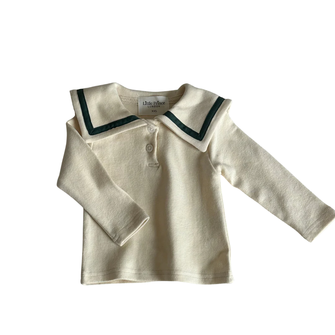 Ivory Fleece Cotton Sweatshirt & Bottle Green Trim Sailor Top