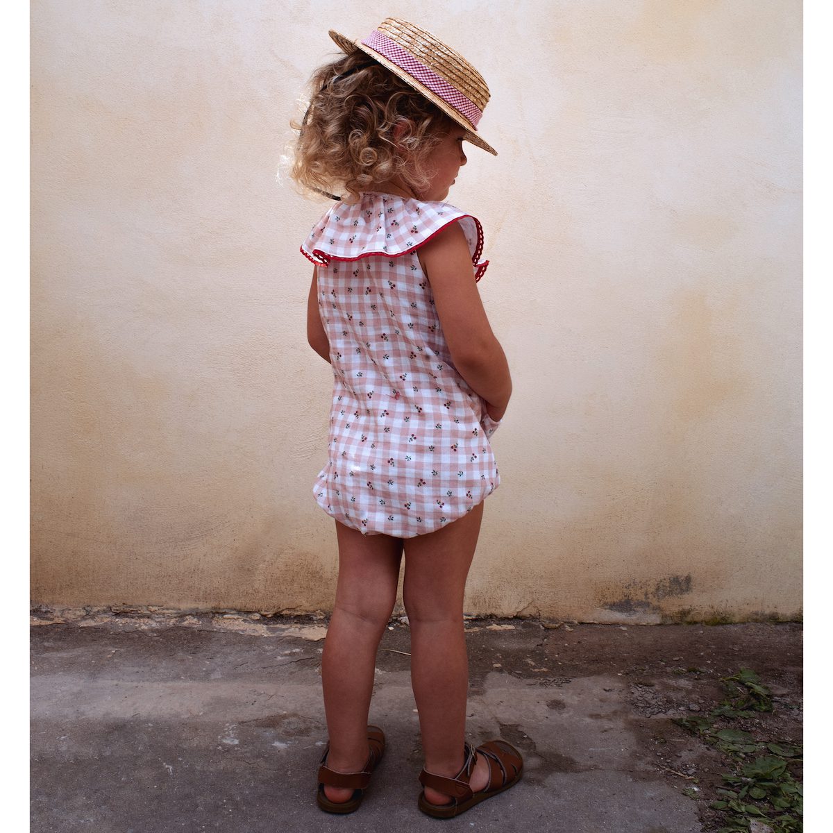 Gingham Romper Suit W/ Frilled Collar