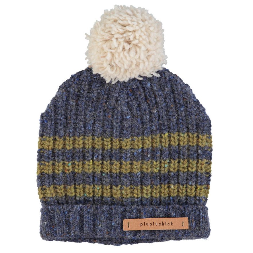 Knitted Hat W/ Pompon | Blue W/ Olive Green Stripes