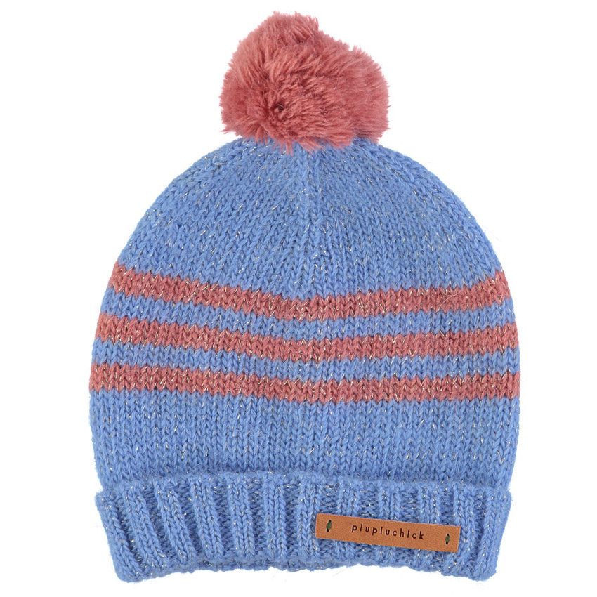 Knitted Hat W/ Pompon | Pink & Blue Stripes W/ Lurex