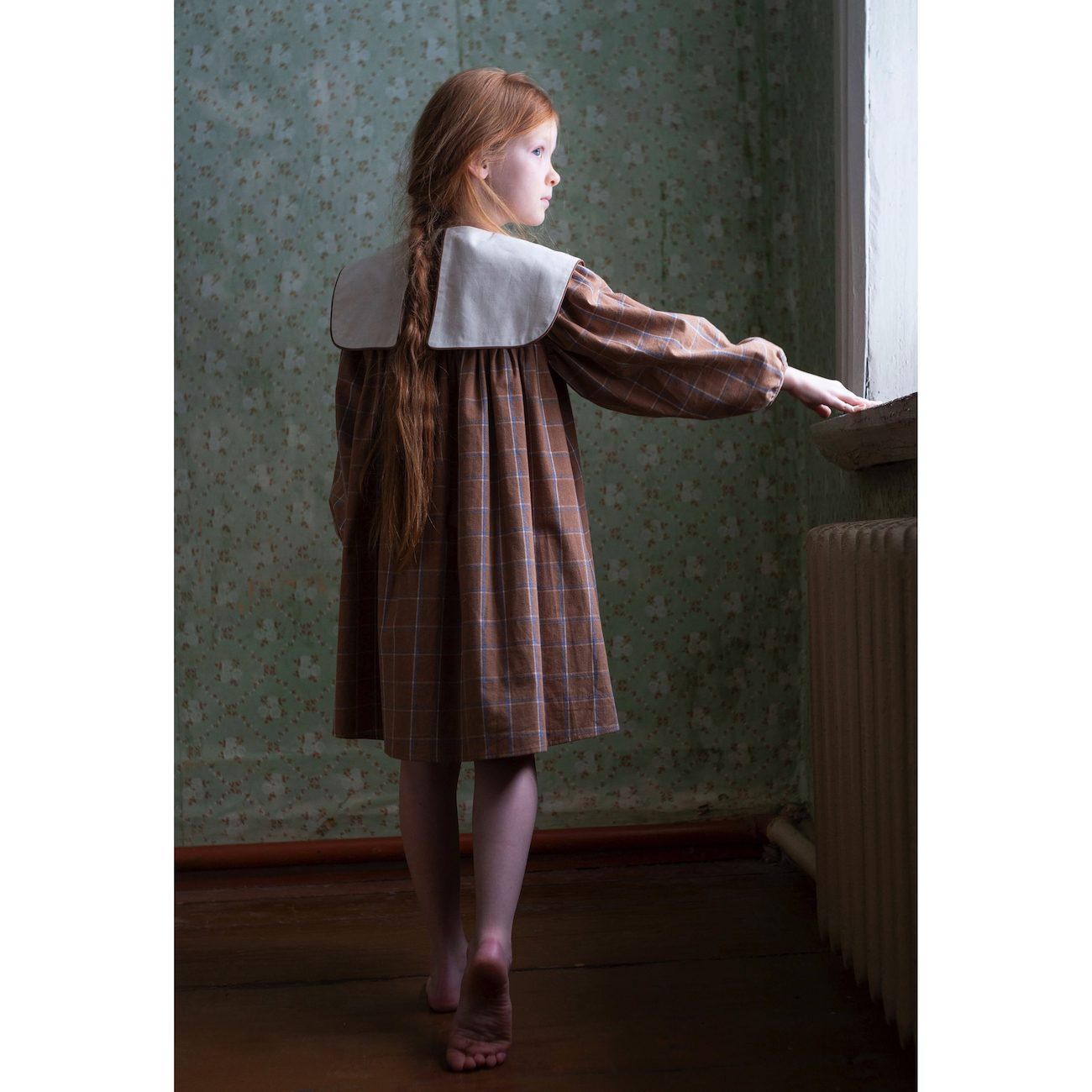 Terracotta Plaid  Dress in W/ Embroidered Yoke