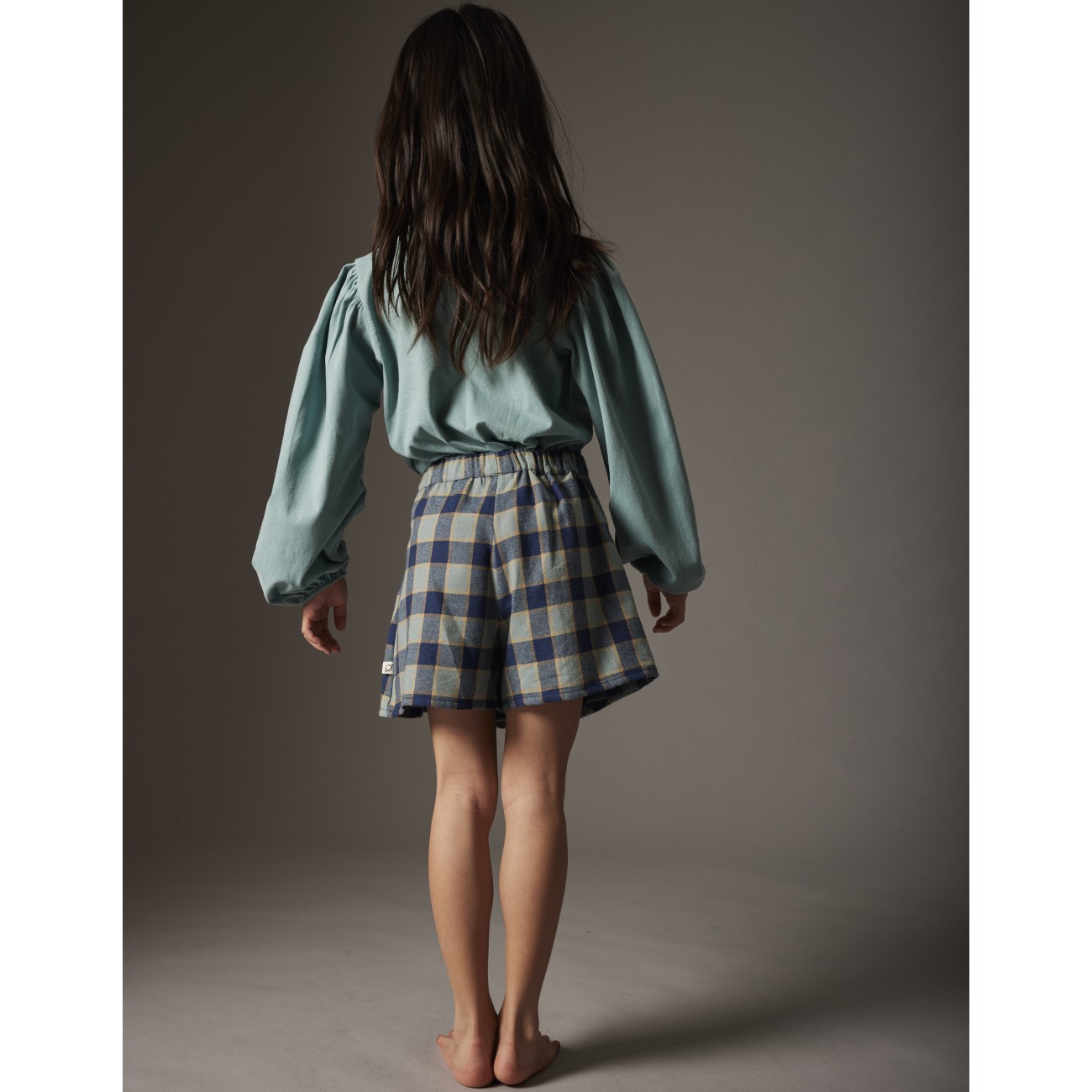 Puffed Long Sleeve Top & Check Flannel Skirt Arctic Blue