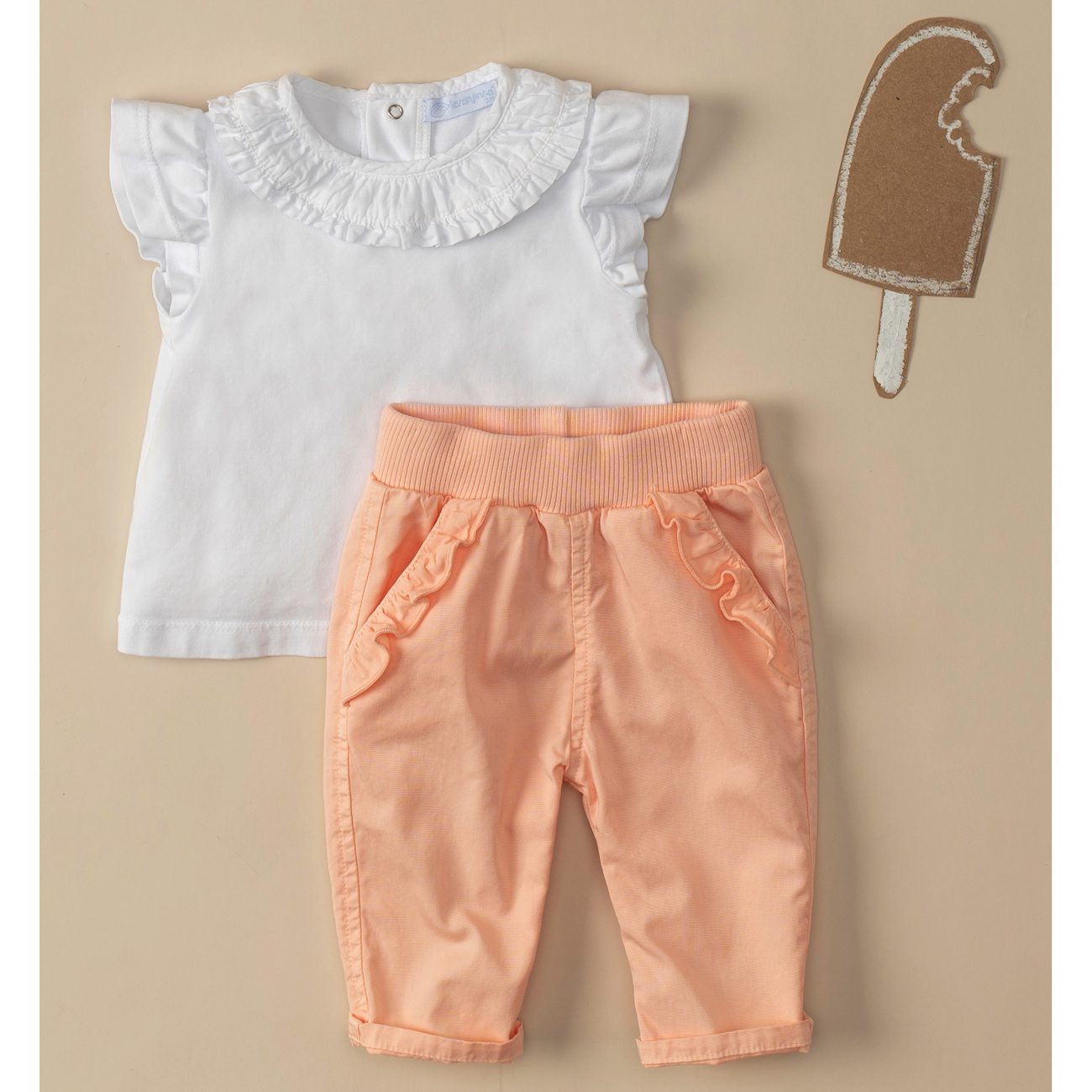 T-Shirt W/ Ruffled Collar & Twill Pants