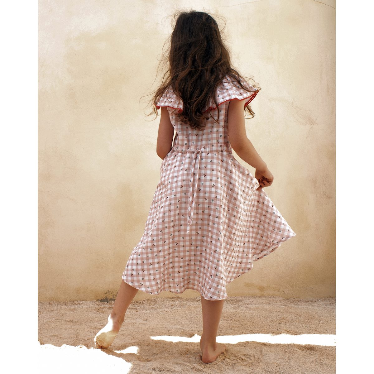 Gingham & Flower Dress W/ Frilled Colar