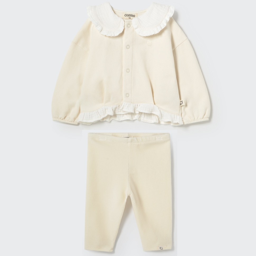 Brushed Fleece Puffed Cardigan & Corduroy Velour Leggings Ecru