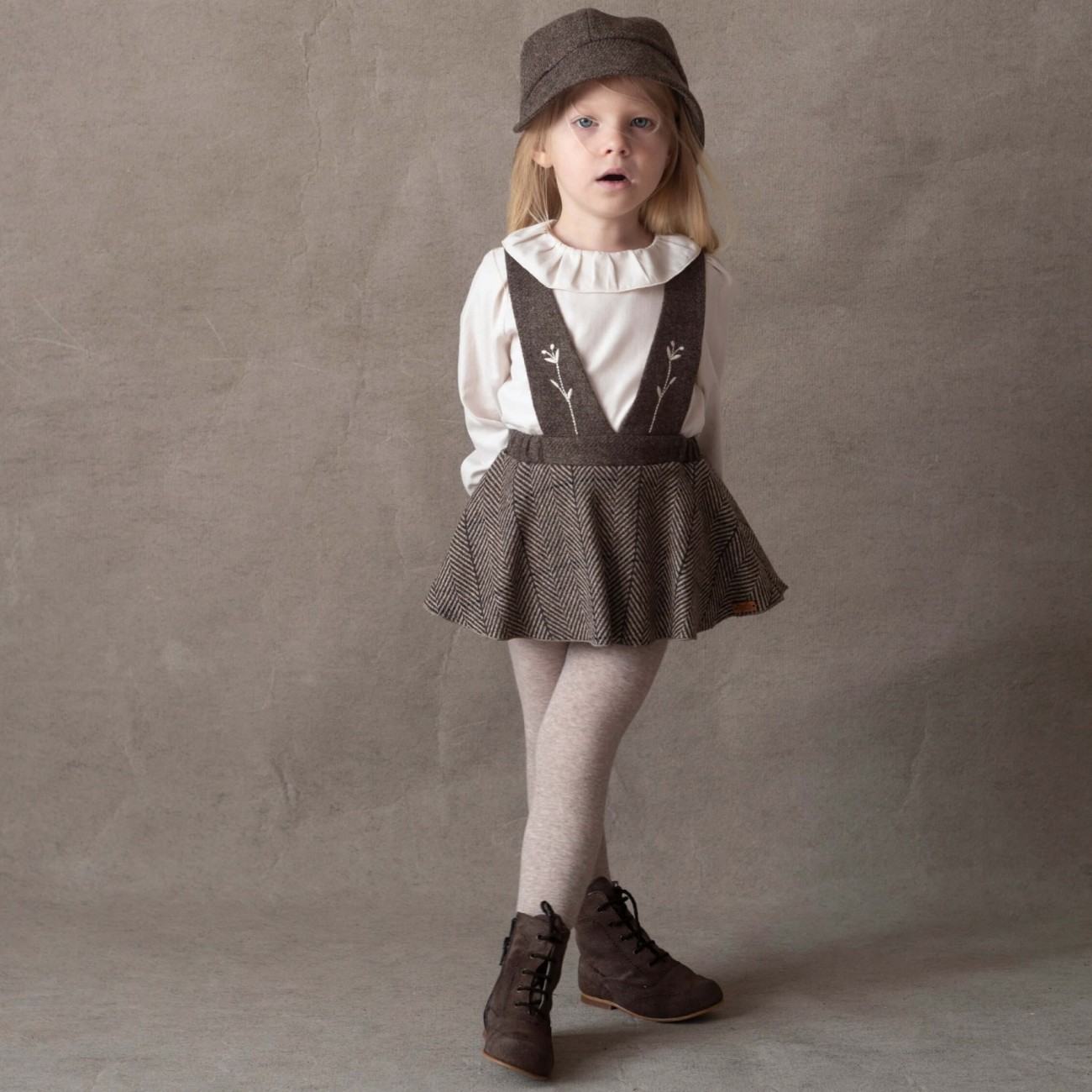 Herringbone Woolen Romper Suit & Off-white shirt