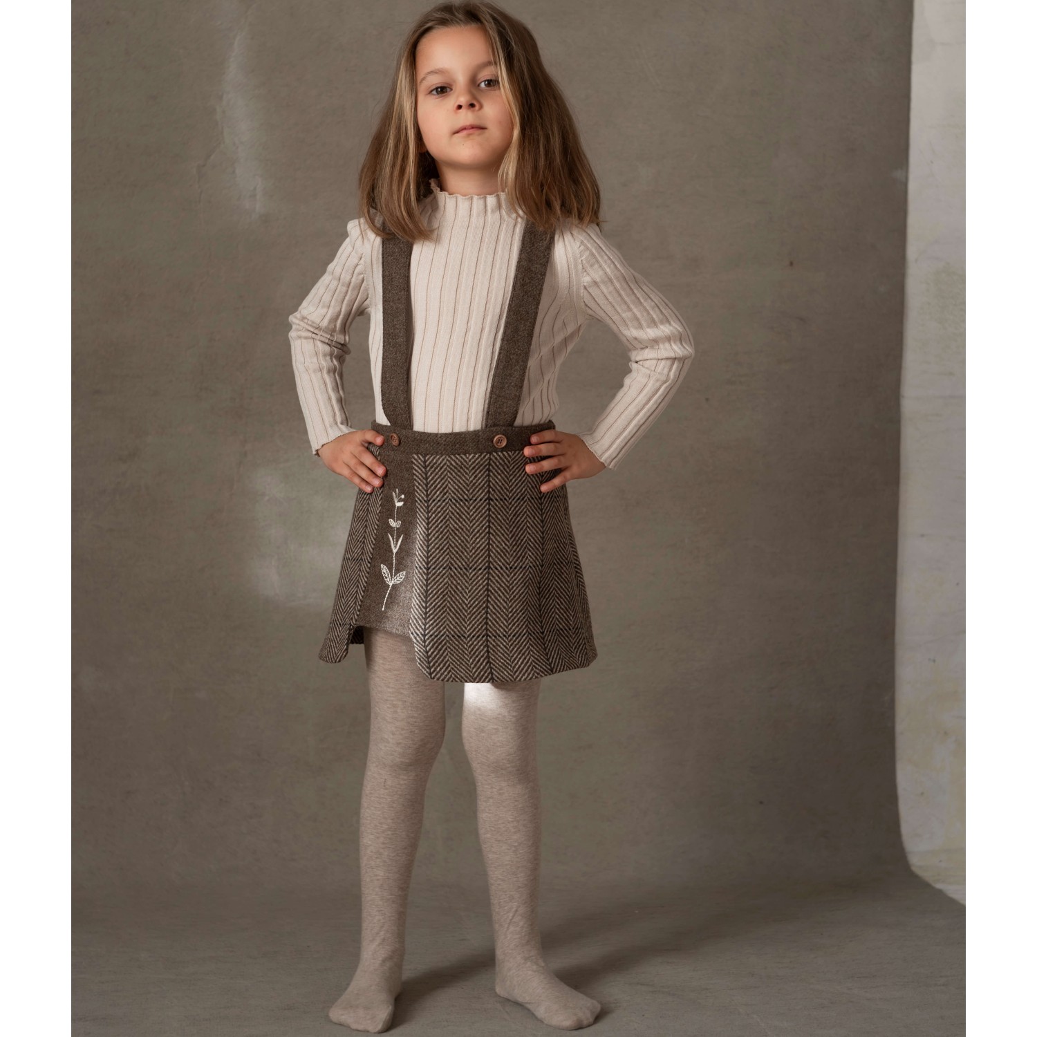 Funnel Collar Ribbed Top & Herringbone Woolen Skirt W/ Straps