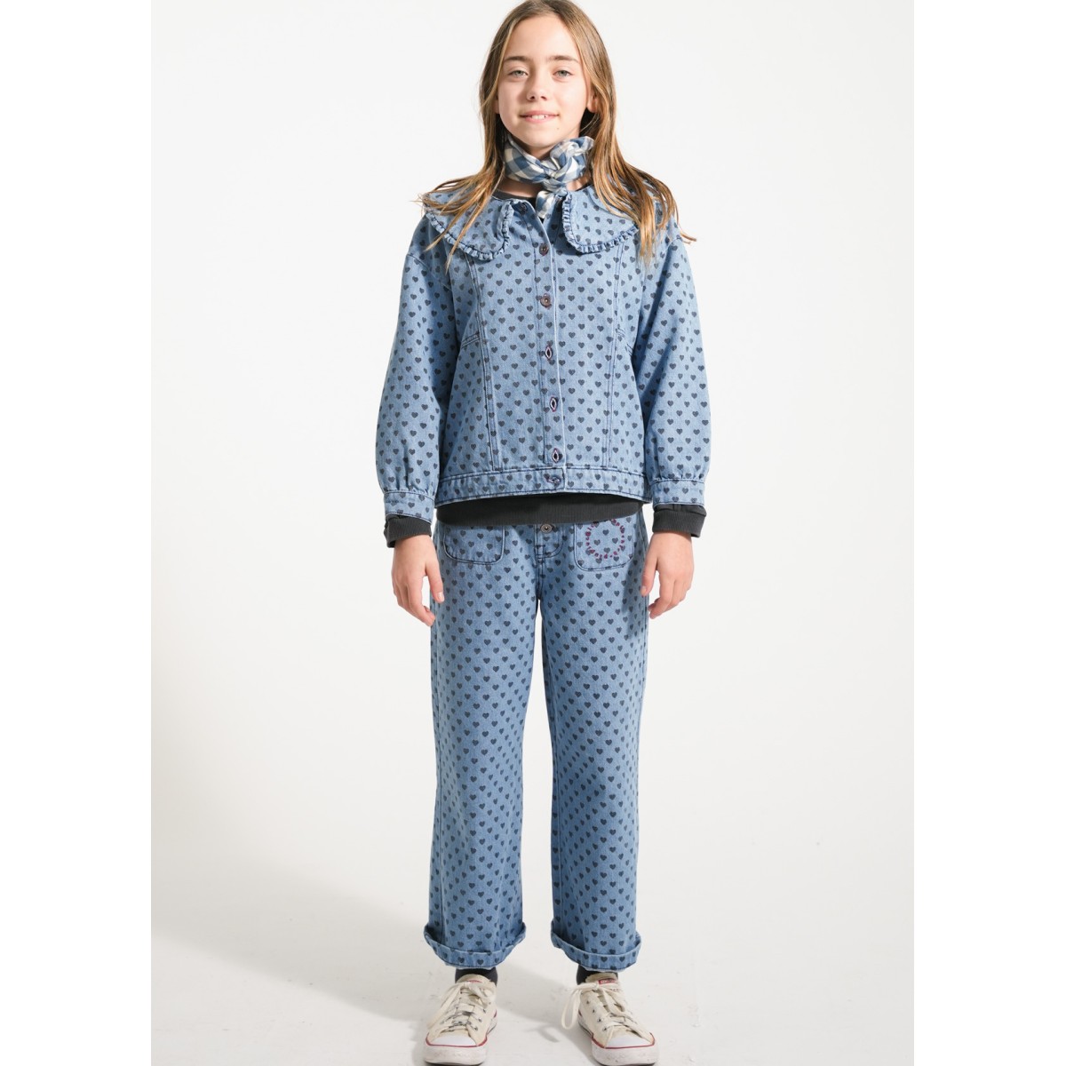 Jacket Washed Blue Denim W/ Black Hearts