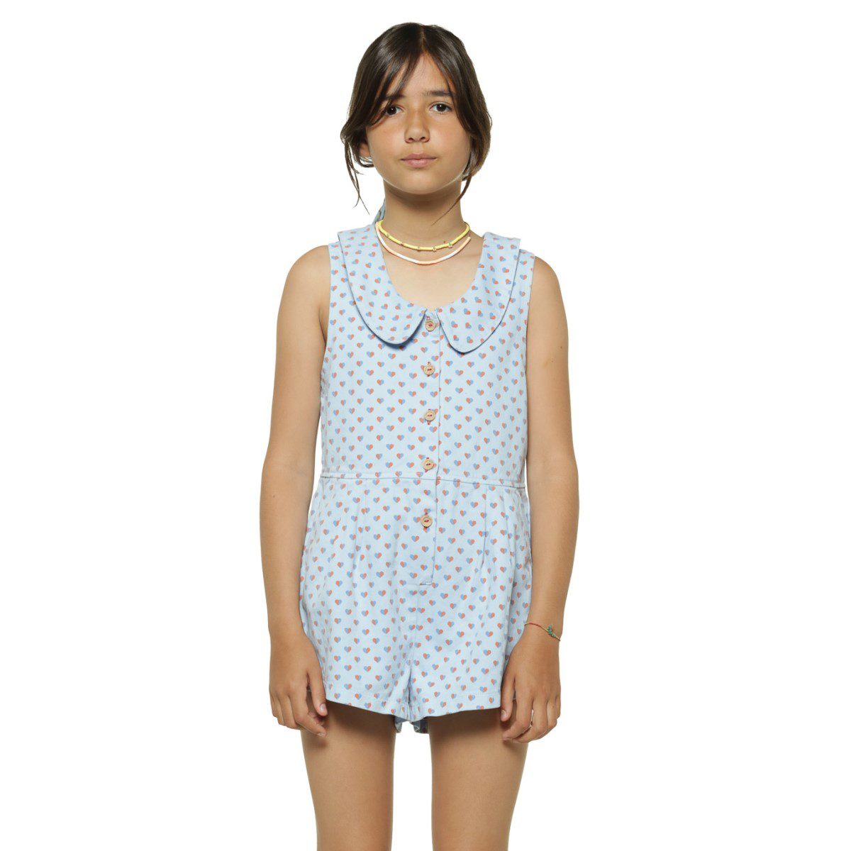 Short JumpsuitW/ Collar | Light Blue W/ Hearts Allover
