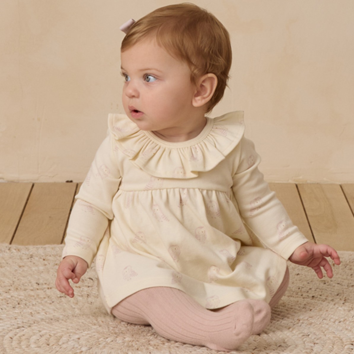 Ruffle Collar Jersey Dress Snow Owls