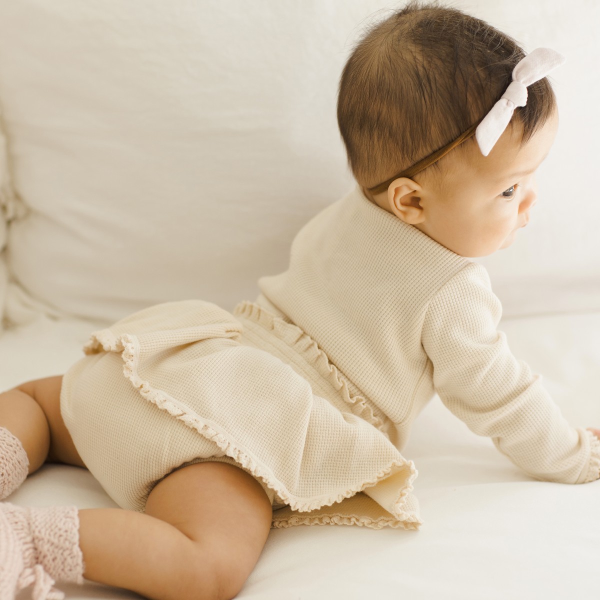Waffle Long Sleeve Bodysuit & Skirted Bloomer Natural