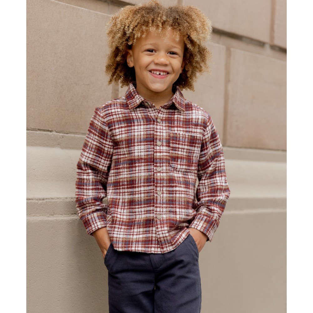 Collared Long Sleeve Shirt Burgundy Plaid