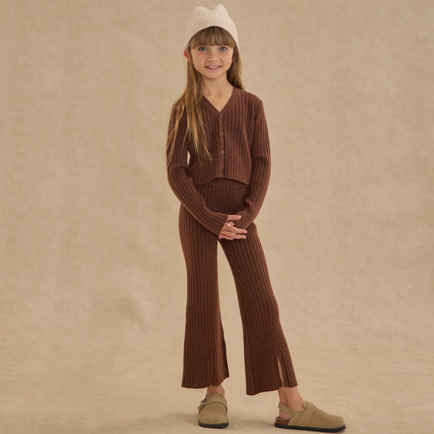 Long Sleeve Knit Button Top & Flare Knit Pant Brown