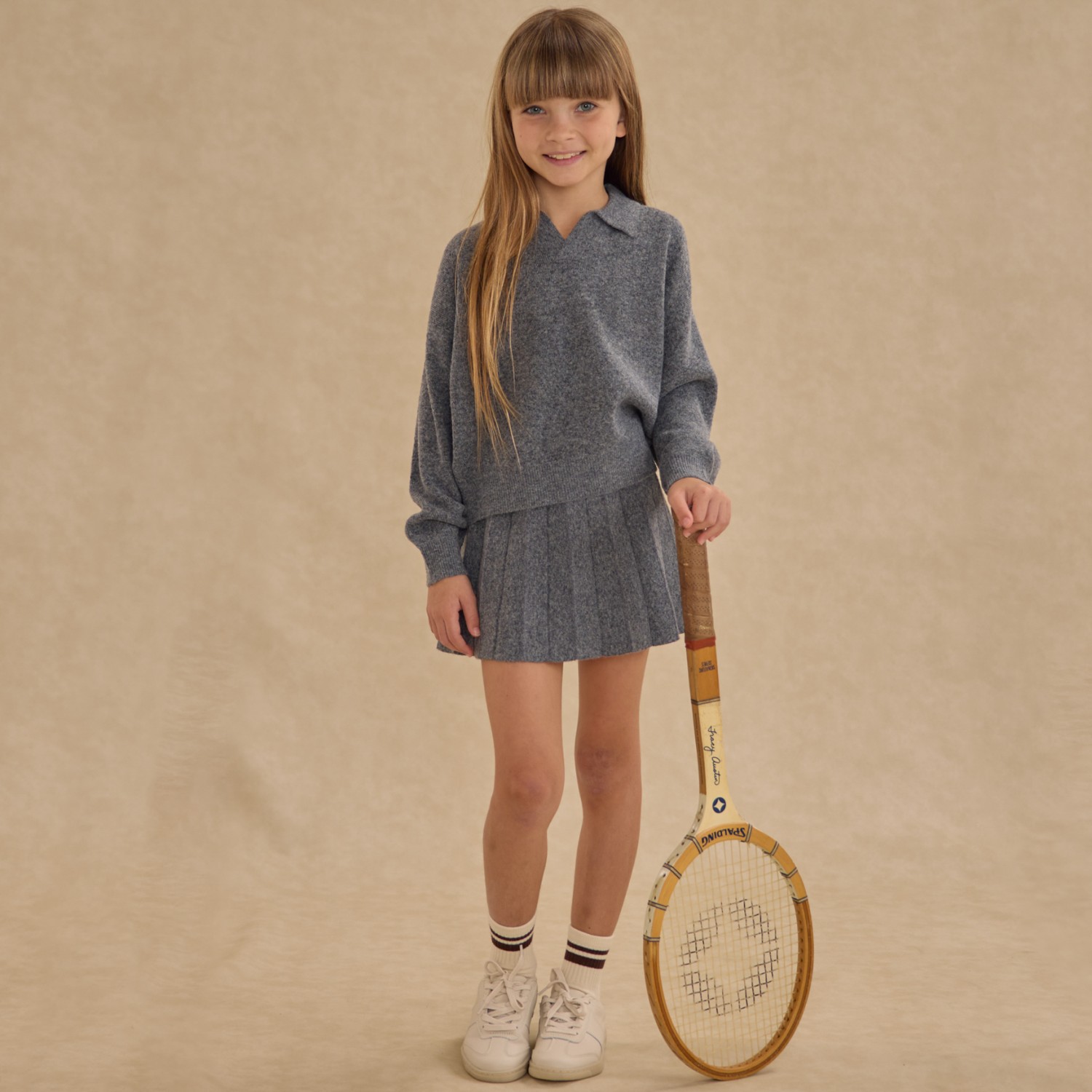 Collared Sweater & Knit Pleated Skirt