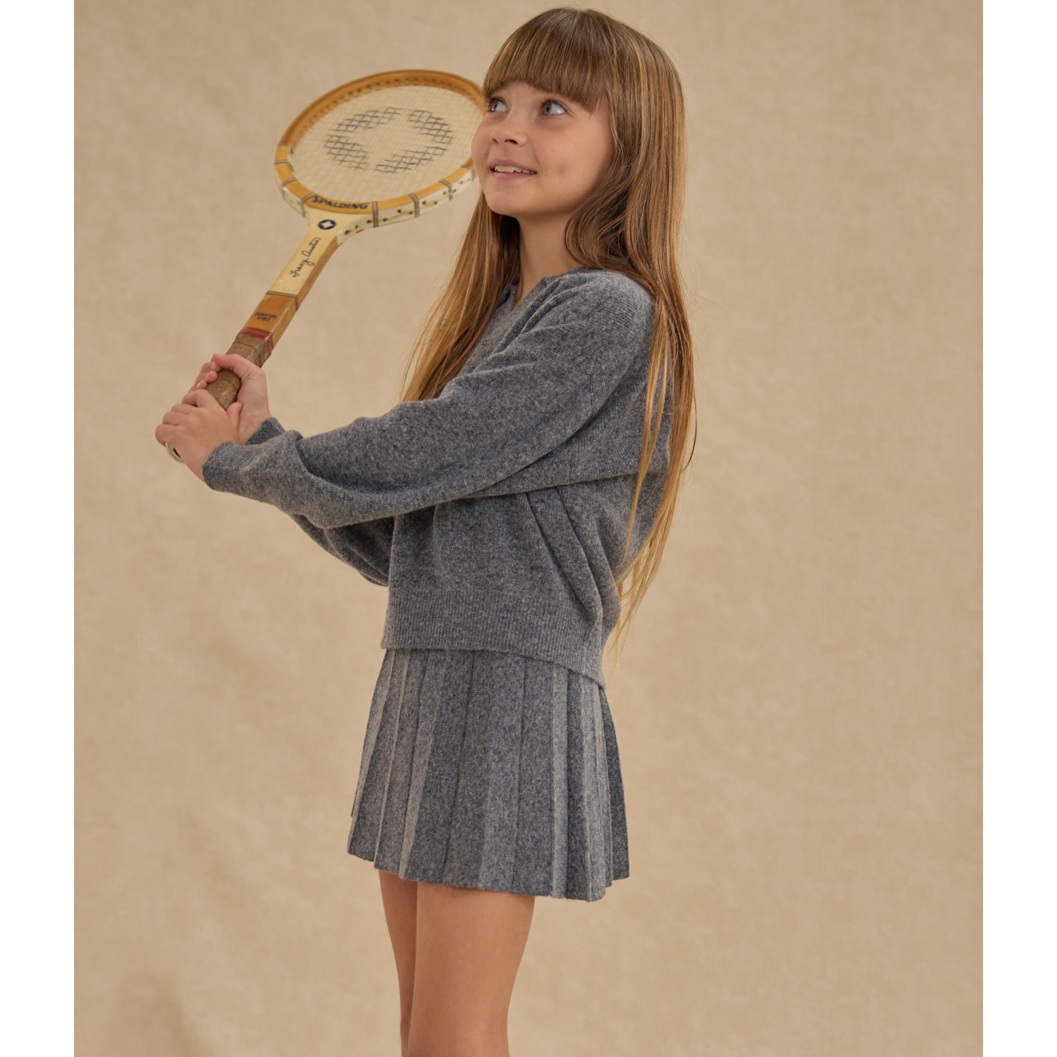 Collared Sweater & Knit Pleated Skirt