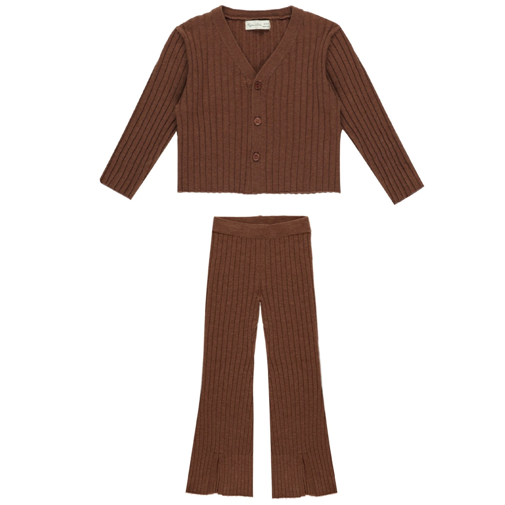 Long Sleeve Knit Button Top & Flare Knit Pant Brown