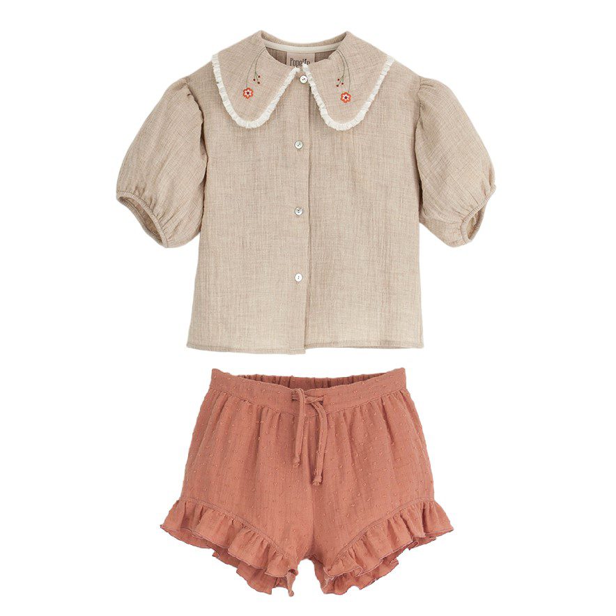 Organic Blouse with Embroidered Collar & Skort | Sand/Coral