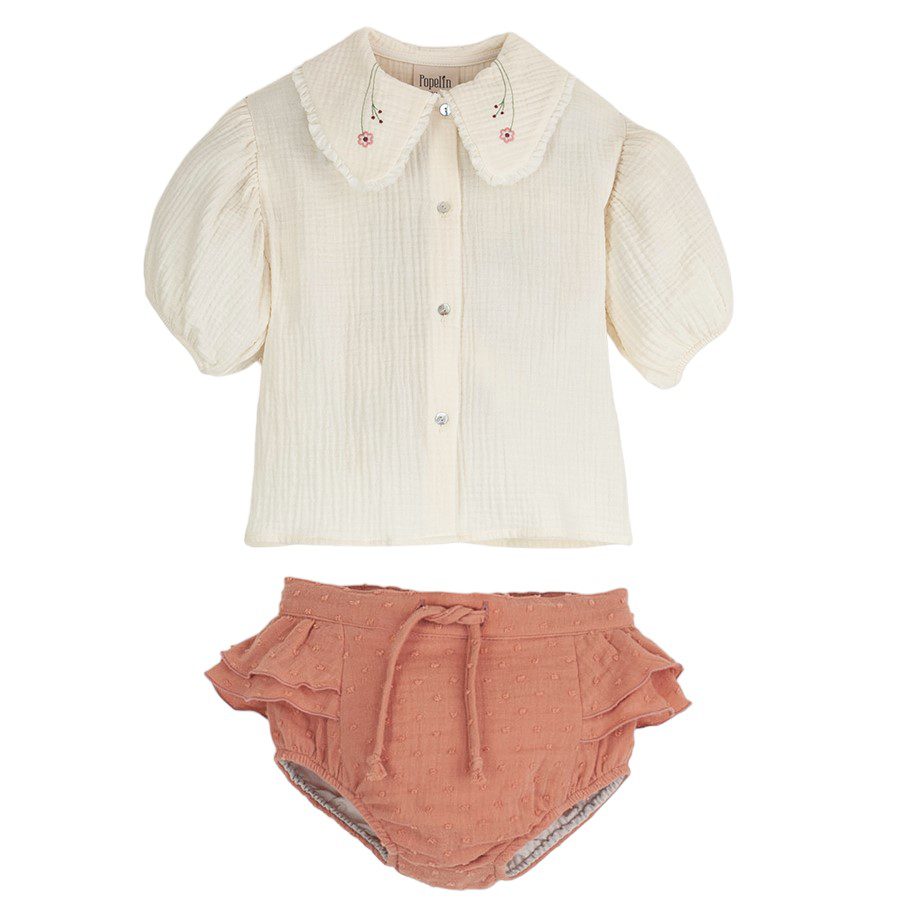 Off-white Organic Blouse W/ Embroidered Collar & Coral Culotte W/ Frills
