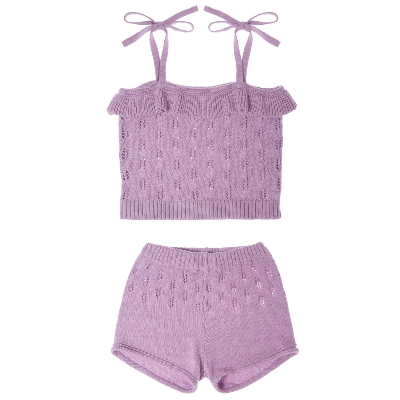 Openwork Knit Top & Shorts W/ Flowers