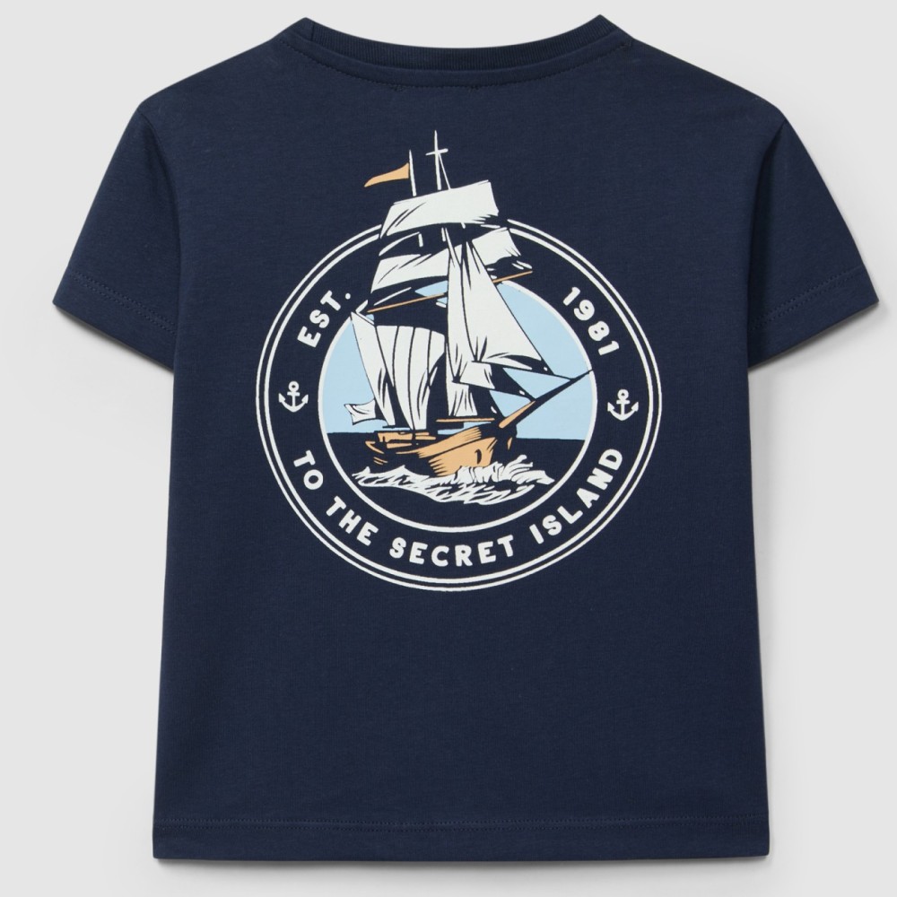 'To The Secret Island' Tshirt & Irregular Stripe Shorts | Navy/Indigo