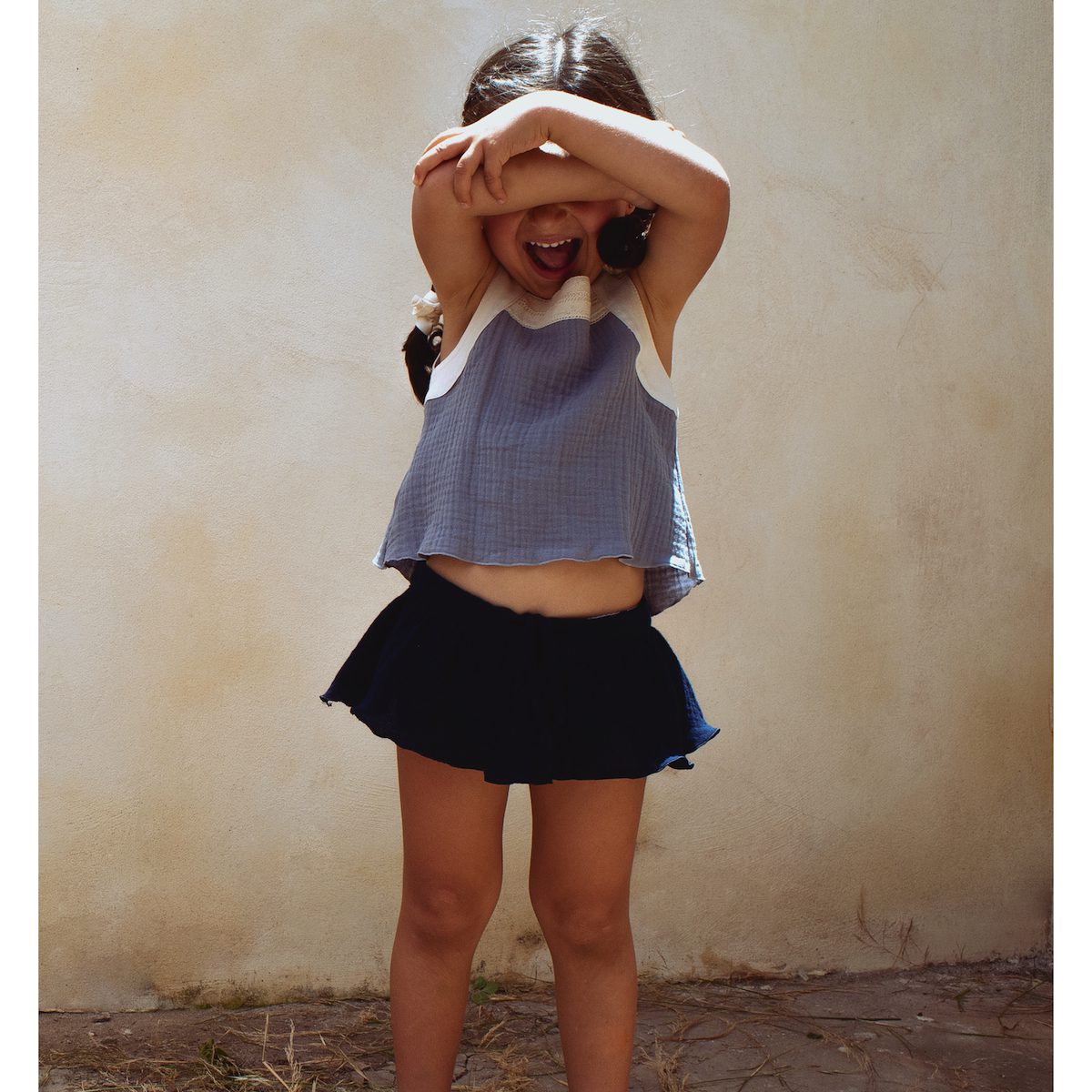 Greyish Blue  Blouse W/ Straps & Culotte W/ Frill